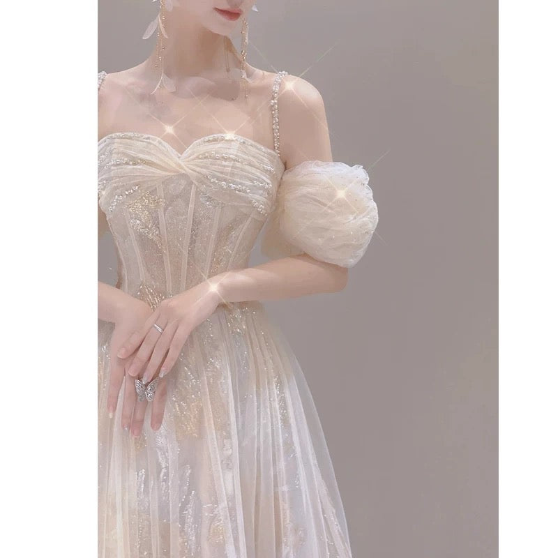 Chic A line Off The Shoulder With Sleeves White Tulle Summer Bridal Gown Long Wedding Dress RB3740