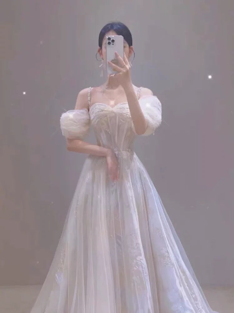 Chic A line Off The Shoulder With Sleeves White Tulle Summer Bridal Gown Long Wedding Dress RB3740