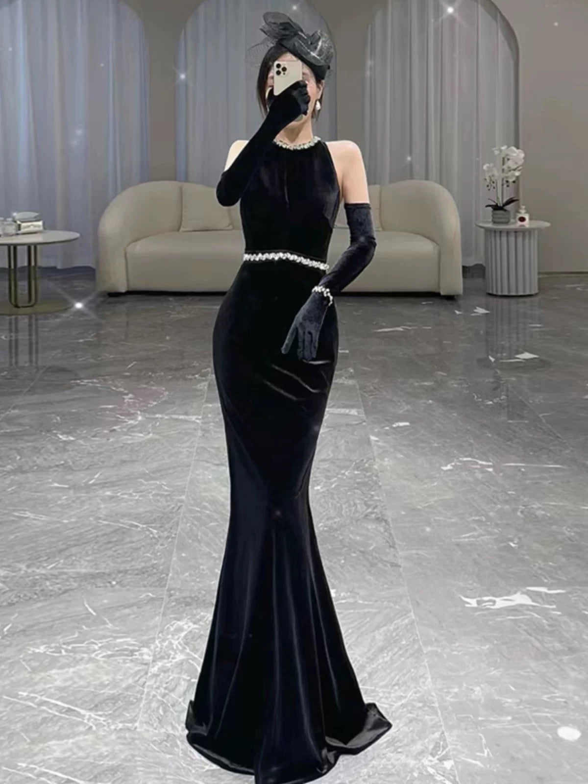 Glam Mermaid Scoop Black Tie Dress Prom Dresses Velvet Evening Long Semi Formal Dress RB3740