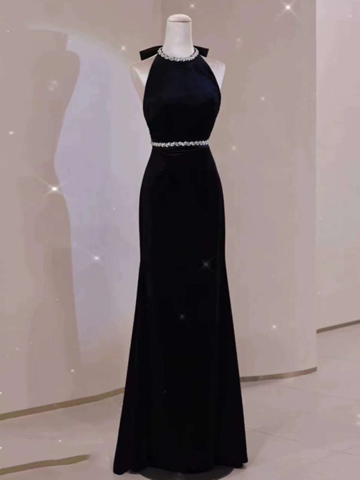 Glam Mermaid Scoop Black Tie Dress Prom Dresses Velvet Evening Long Semi Formal Dress RB3740