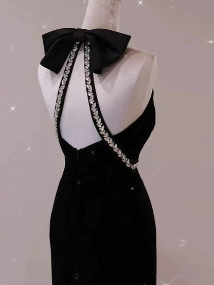 Glam Mermaid Scoop Black Tie Dress Prom Dresses Velvet Evening Long Semi Formal Dress RB3740