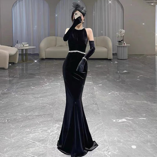 Glam Mermaid Scoop Black Tie Dress Prom Dresses Velvet Evening Long Semi Formal Dress RB3740