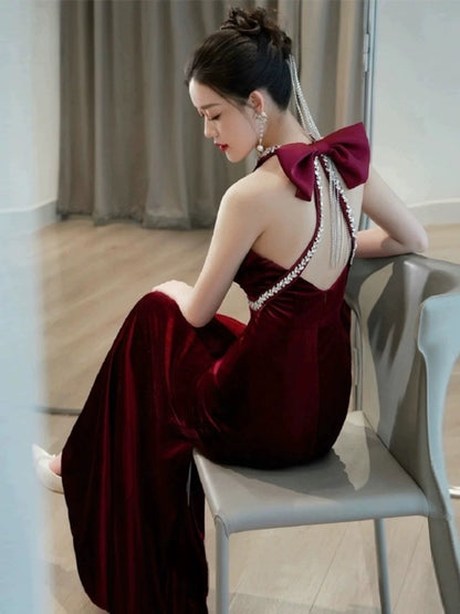 Glam Mermaid Scoop Black Tie Dress Prom Dresses Velvet Evening Long Semi Formal Dress RB3740