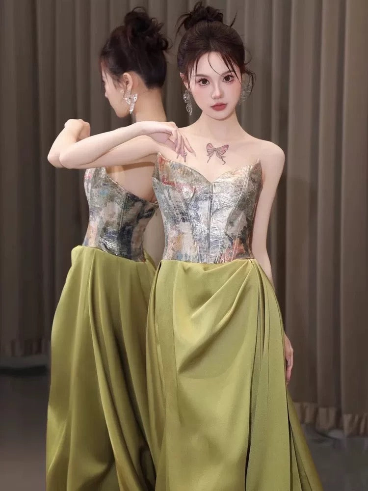 Elegant Prom Dresses A Line Strapless Green Satin Evening Long Formal Party Outfits RB3741
