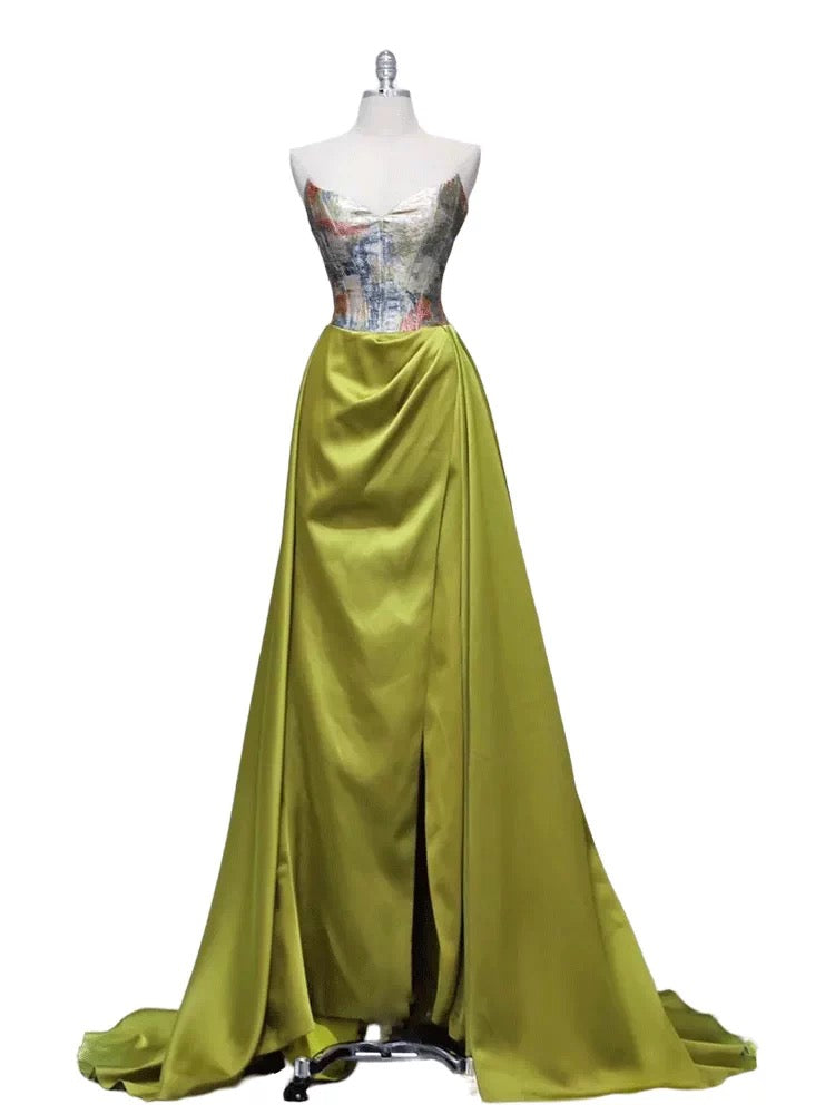 Elegant Prom Dresses A Line Strapless Green Satin Evening Long Formal Party Outfits RB3741
