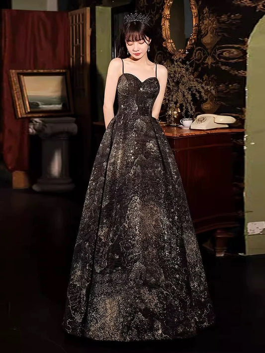 Princess Prom Dresses Ball Gown Spaghetti Strap Black Evening Long Formal Dress RB3742