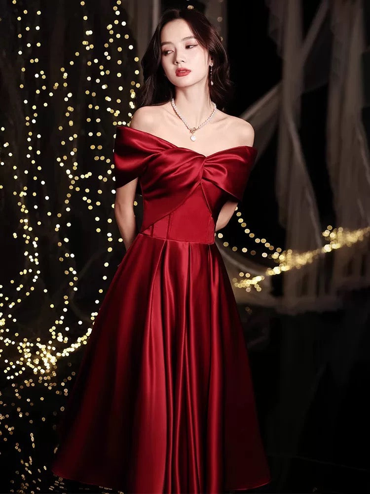 Maximalist A Line Off The Shoulder Satin Red With Sleeves Long Evening Dresses Inspo Evening Outfits RB5265