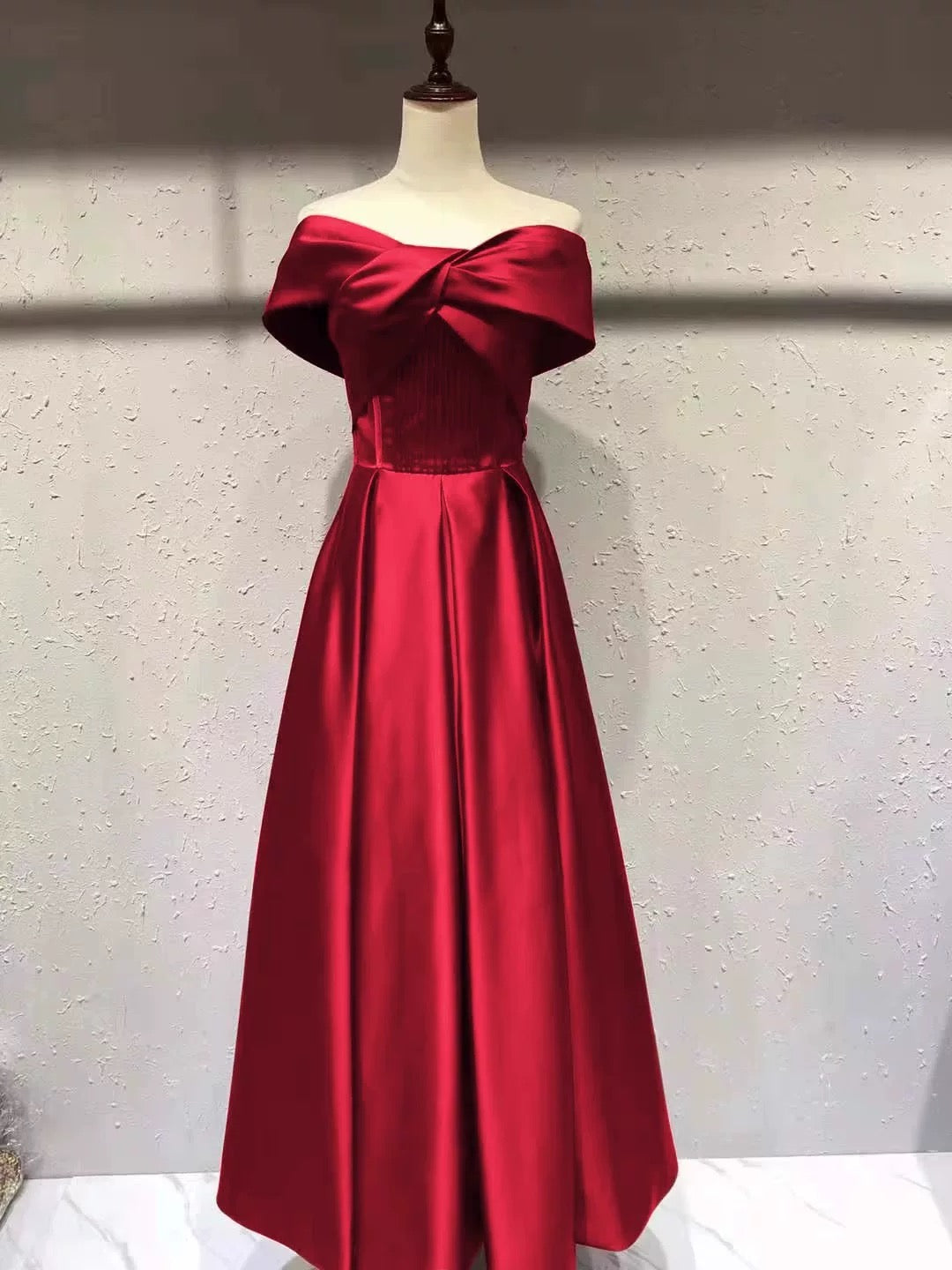 Maximalist A Line Off The Shoulder Satin Red With Sleeves Long Evening Dresses Inspo Evening Outfits RB5265