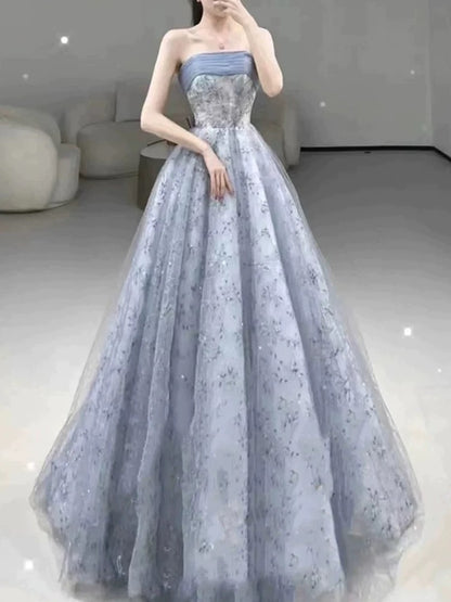 Timeless A Line Strapless Dusty Blue Tulle Lace Date Night Outfits Semi Formal Prom Gown Wedding Guest Dresses RB5273
