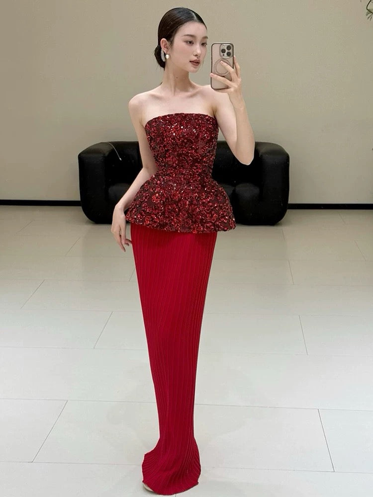 Extravagant Sheath Sweetheart Red Sequin With Gloves Long Floor Length Evening Dresses Inspo Evening Outfits RB5240