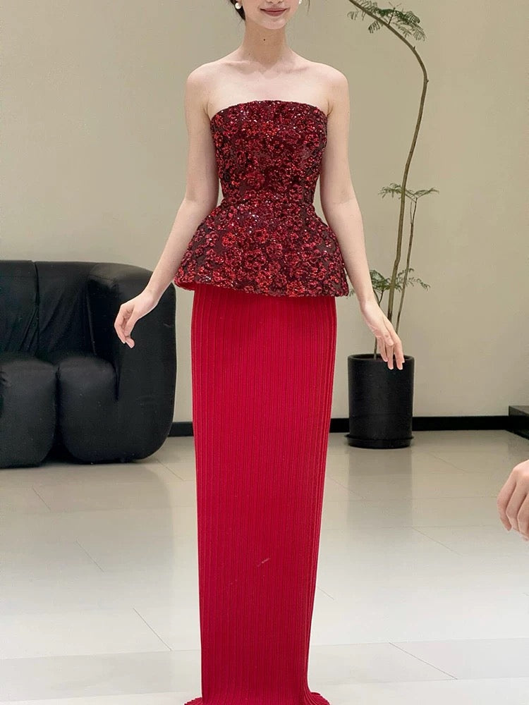 Extravagant Sheath Sweetheart Red Sequin With Gloves Long Floor Length Evening Dresses Inspo Evening Outfits RB5240