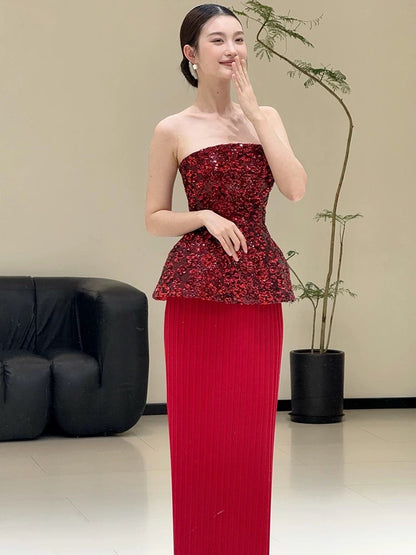 Extravagant Sheath Sweetheart Red Sequin With Gloves Long Floor Length Evening Dresses Inspo Evening Outfits RB5240
