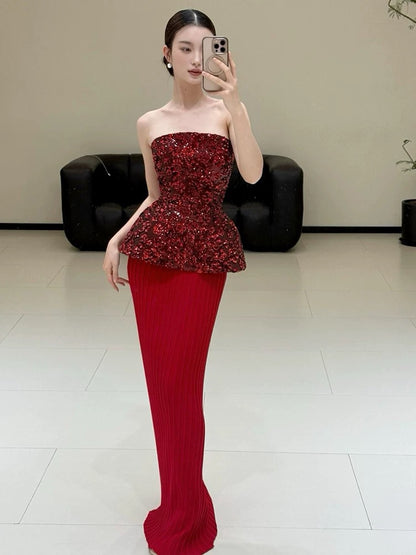 Extravagant Sheath Sweetheart Red Sequin With Gloves Long Floor Length Evening Dresses Inspo Evening Outfits RB5240