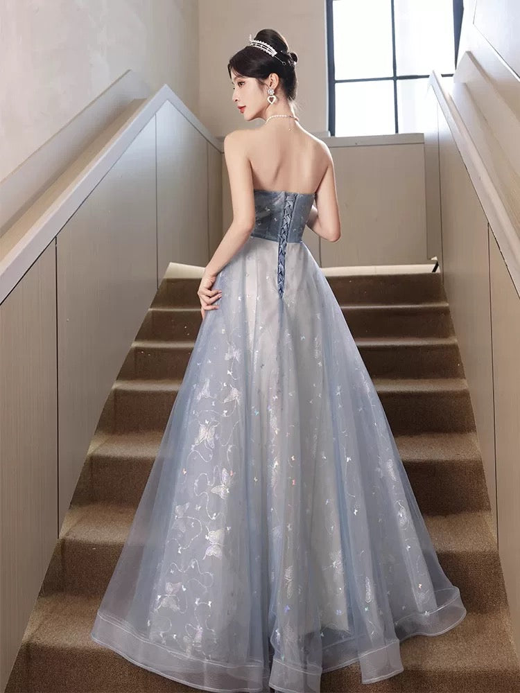 Timeless A Line Strapless Dusty Blue Tulle Date Night Outfits Semi Formal Prom Gown Wedding Guest Dresses RB5272