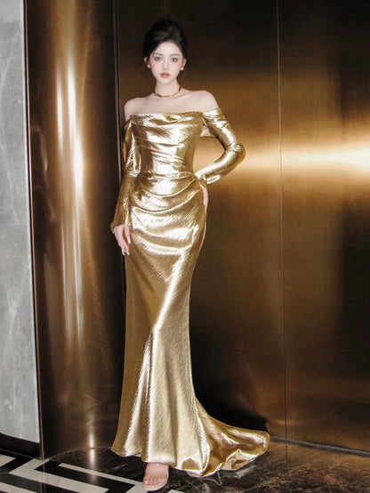 Unique Women's Mermaid Off The Shoulder Gold Satin With Sleeves Date Night Outfits Semi Formal Prom Wedding Guest Dresses RB5268