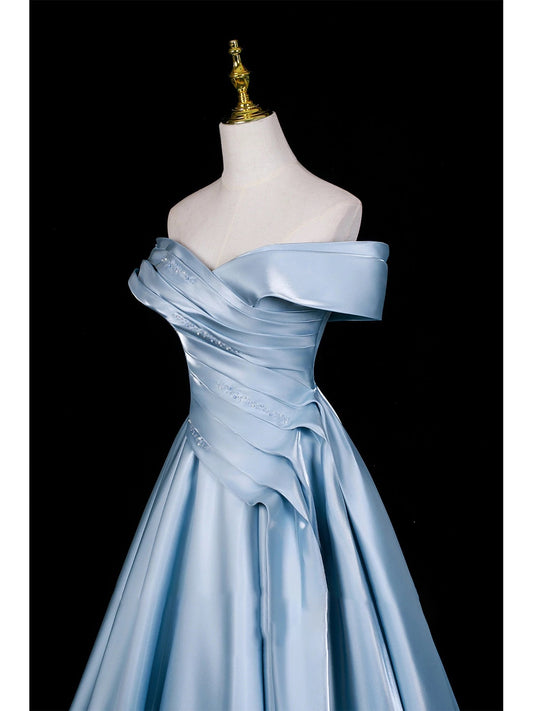 Cute Prom Dress Ball Gown Off The Shoulder Blue Satin Long Quinceanera Dresses Sweet 16 Dress Formal Outfits RB5266