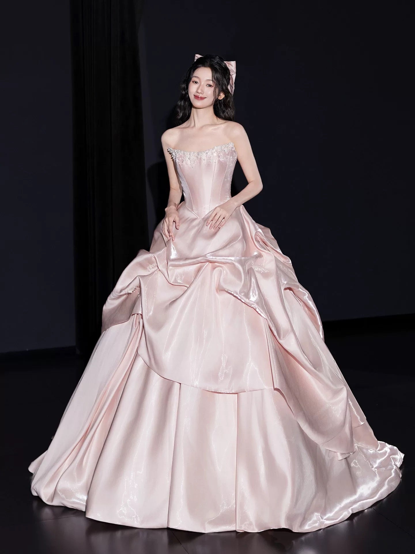 Cute Prom Dress Ball Gown Strapless Pink Satin Long Quinceanera Dresses Sweet 16 Dress Formal Outfits RB5267
