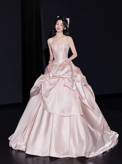 Cute Prom Dress Ball Gown Strapless Pink Satin Long Quinceanera Dresses Sweet 16 Dress Formal Outfits RB5267