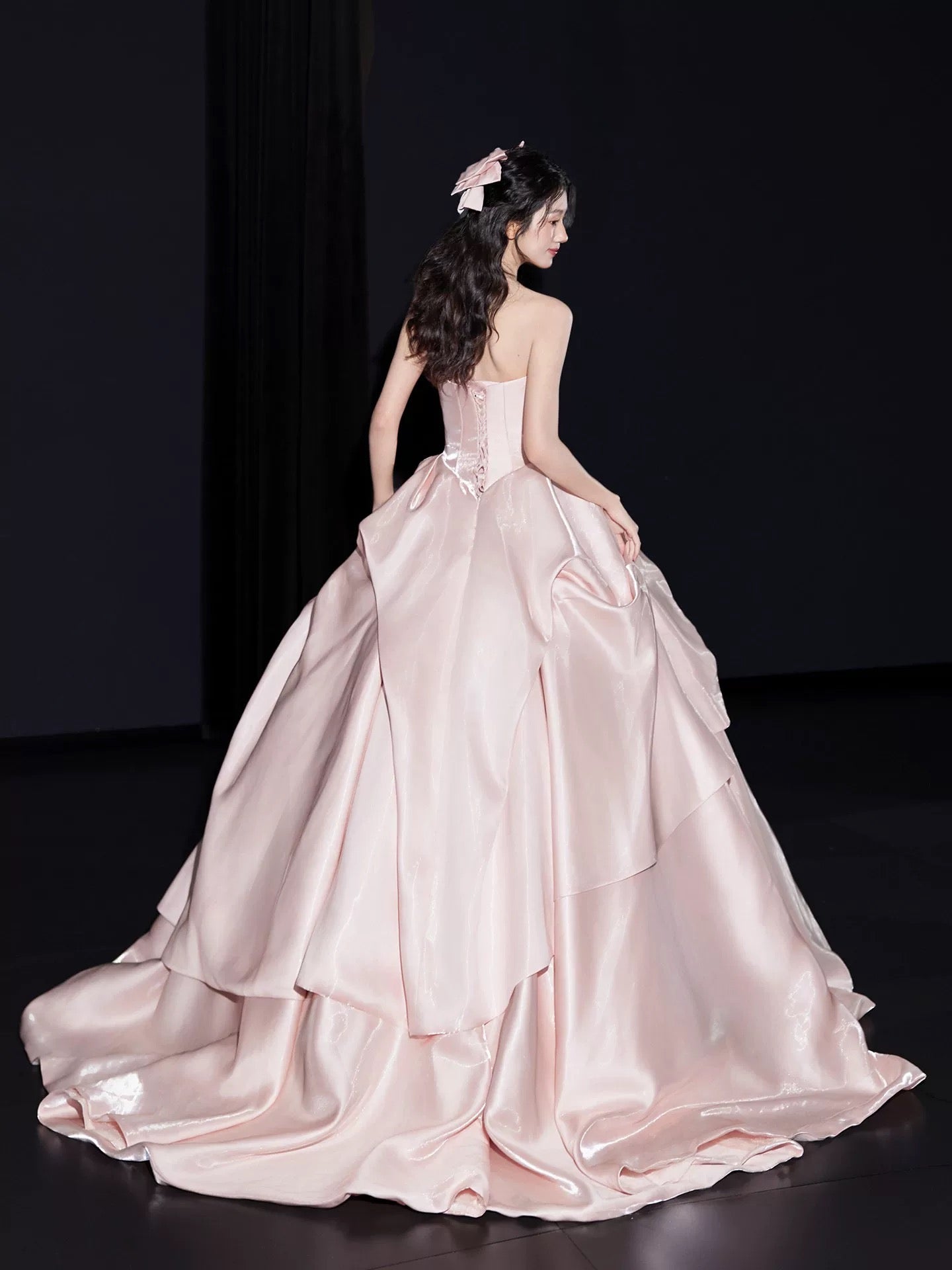 Cute Prom Dress Ball Gown Strapless Pink Satin Long Quinceanera Dresses Sweet 16 Dress Formal Outfits RB5267