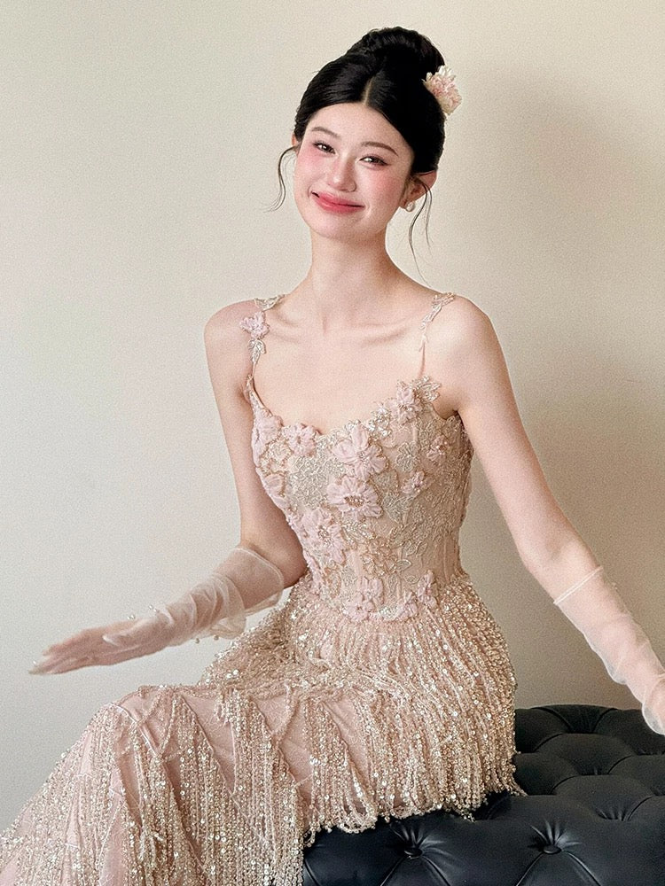Flamboyant Women's Mermaid Spaghetti Strap Sequined Slit Maxi Date Night Evening Outfit Formal Prom Dresses RB5269
