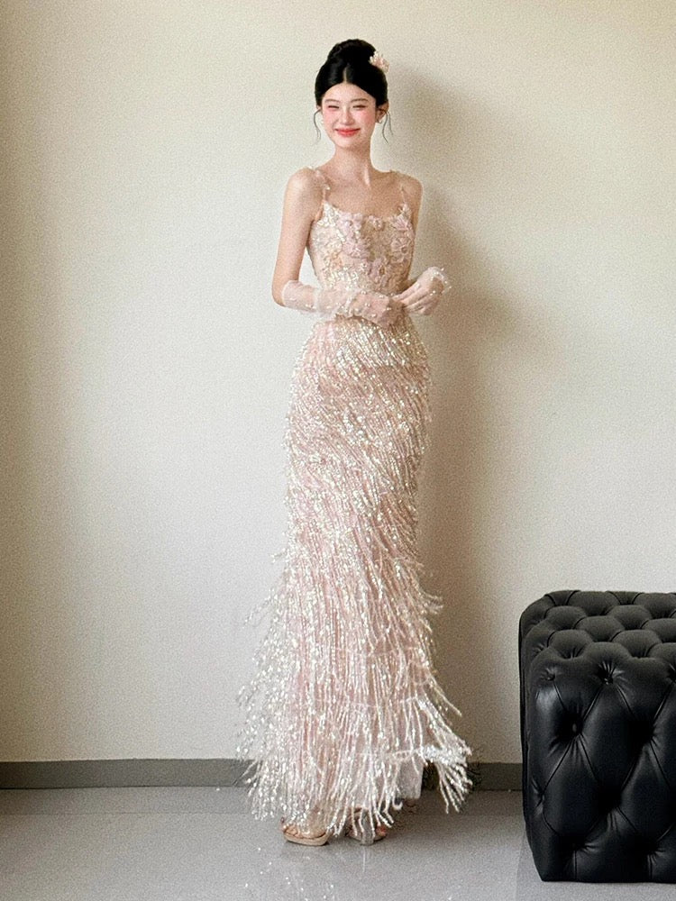 Flamboyant Women's Mermaid Spaghetti Strap Sequined Slit Maxi Date Night Evening Outfit Formal Prom Dresses RB5269