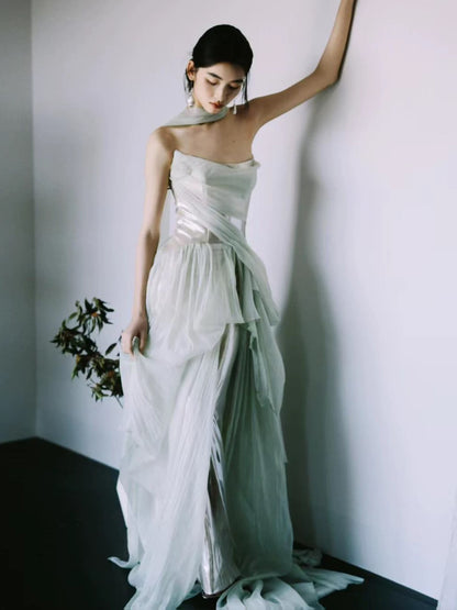 Unique Women's Mermaid Strapless Mint Green Tulle With Scarf Date Night Outfits Outdoor Semi Formal Prom Wedding Guest Dresses RB5264