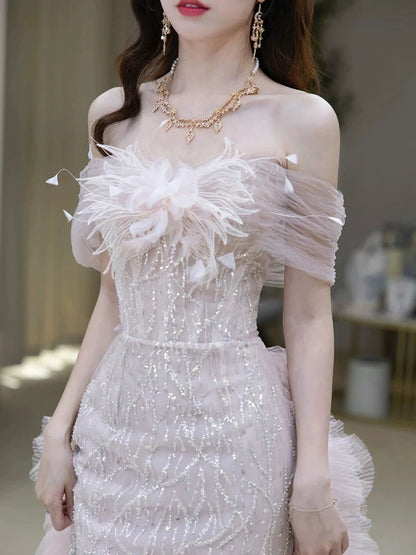 Unique Women's Mermaid Off The Shoulder Tulle Pink Sequined Date Night Outfits Outdoor Semi Formal Prom Wedding Guest Dresses RB5261