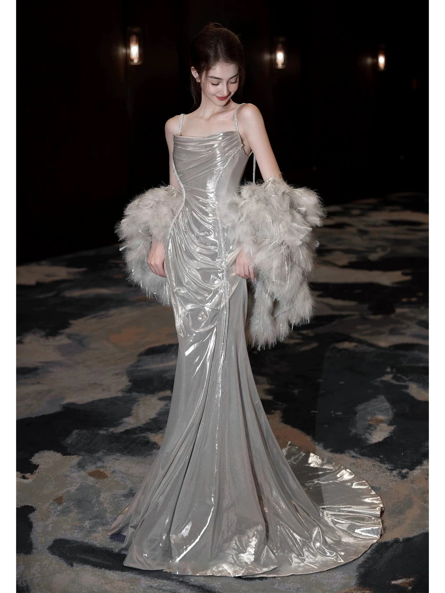 Flamboyant Women's Mermaid Spaghetti Strap With Cape Maxi Dress Date Night Evening Outfit Formal Prom Dresses RB5263