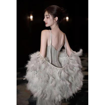Flamboyant Women's Mermaid Spaghetti Strap With Cape Maxi Dress Date Night Evening Outfit Formal Prom Dresses RB5263