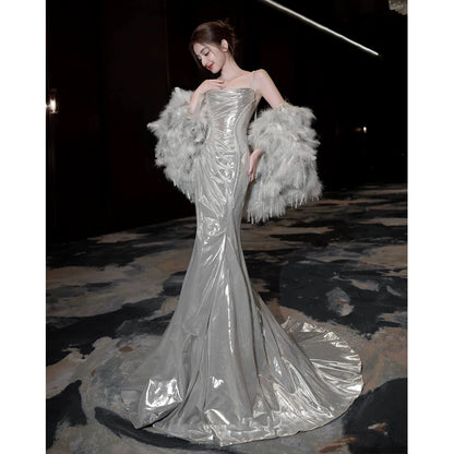 Flamboyant Women's Mermaid Spaghetti Strap With Cape Maxi Dress Date Night Evening Outfit Formal Prom Dresses RB5263