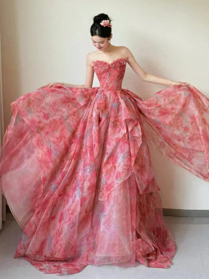 Sweet Prom Dress Ball Gown Sweetheart Pink With 3D Flowers Long Quinceanera Dresses Sweet 16 Dress Formal Outfits RB5259
