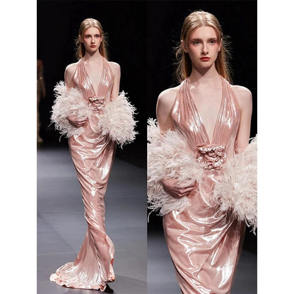 Elegant Pink V-neck Mermaid Satin Long Formal Evening Gowns RF0531