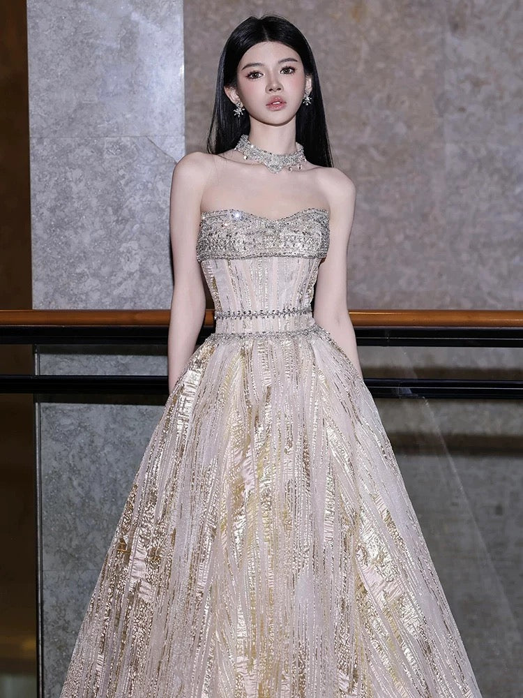 Sparkly A Line Strapless Gold Sequined With Silver Beading Long Prom Evening Dresses Inspo Evening Outfits RB5197