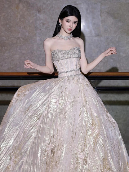Sparkly A Line Strapless Gold Sequined With Silver Beading Long Prom Evening Dresses Inspo Evening Outfits RB5197
