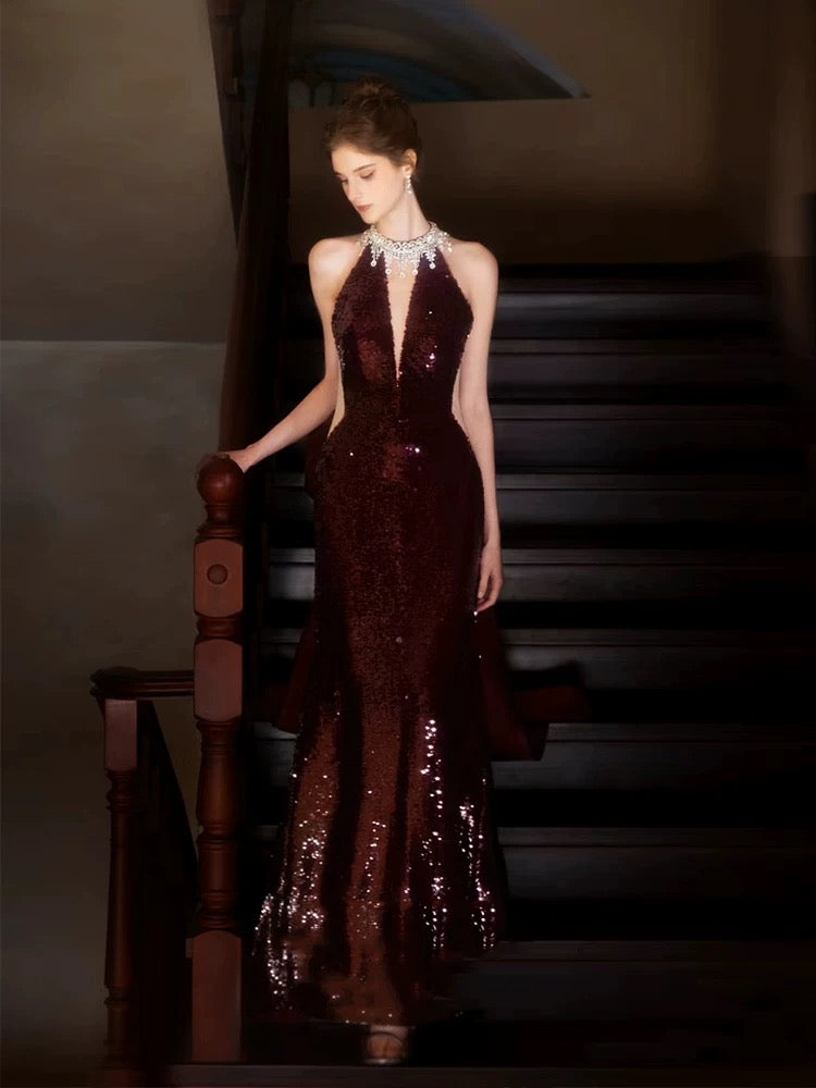 Sparkly Mermaid High Neck Burgundy Sequined With Silver Beading Long Prom Evening Dresses Inspo Evening Outfits RB5198