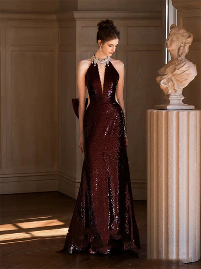 Sparkly Mermaid High Neck Burgundy Sequined With Silver Beading Long Prom Evening Dresses Inspo Evening Outfits RB5198