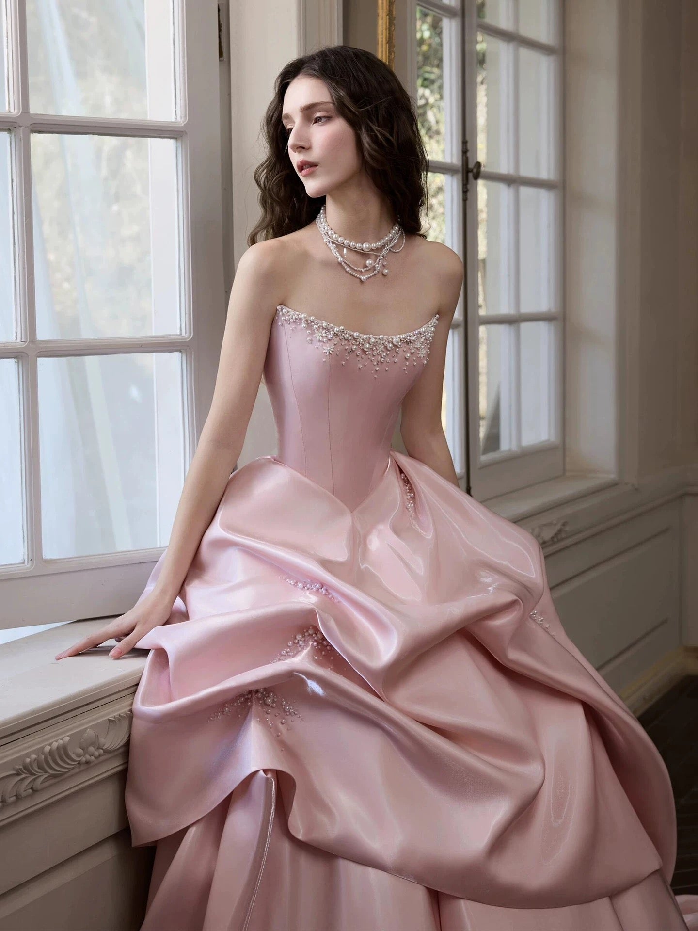Cute Prom Dress Ball Gown Strapless Pink With Beads Floor Length Quinceanera Dresses Evening Formal Outfits RB5199