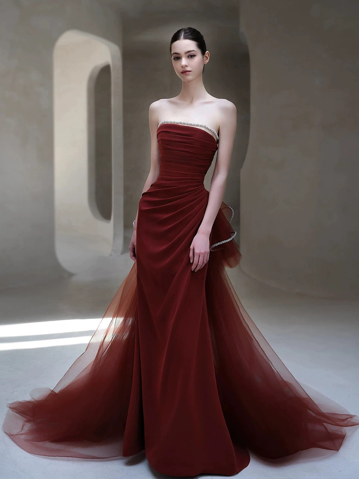 Classy Women's Mermaid Strapless Burgundy Tulle Maxi Dress Date Night Outfits Semi Formal Prom Dresses RB5200