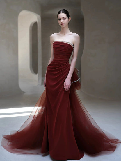 Classy Women's Mermaid Strapless Burgundy Tulle Maxi Dress Date Night Outfits Semi Formal Prom Dresses RB5200