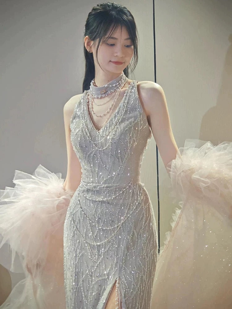 Sparkly Mermaid V Neck Silver Sequined With Beading Long Prom Evening Dresses Inspo Evening Outfits RB5201