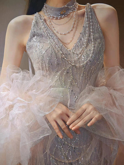 Sparkly Mermaid V Neck Silver Sequined With Beading Long Prom Evening Dresses Inspo Evening Outfits RB5201