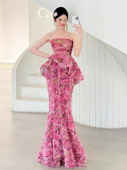 Beautiful Women's Mermaid Strapless Pink Tulle Floral Maxi Dress Date Night Outfits Semi Formal Prom Dresses RB5205