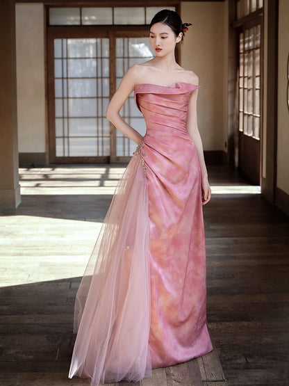 Beautiful Women's Mermaid Strapless Pink Satin Maxi Dress Date Night Outfits Semi Formal Prom Dresses RB5206