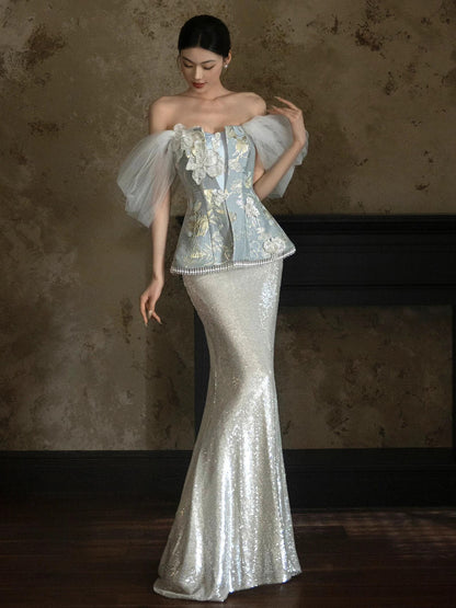 Sparkly Mermaid Strapless Sequined With Beading Long Prom Evening Dresses Inspo Evening Outfits RB5212