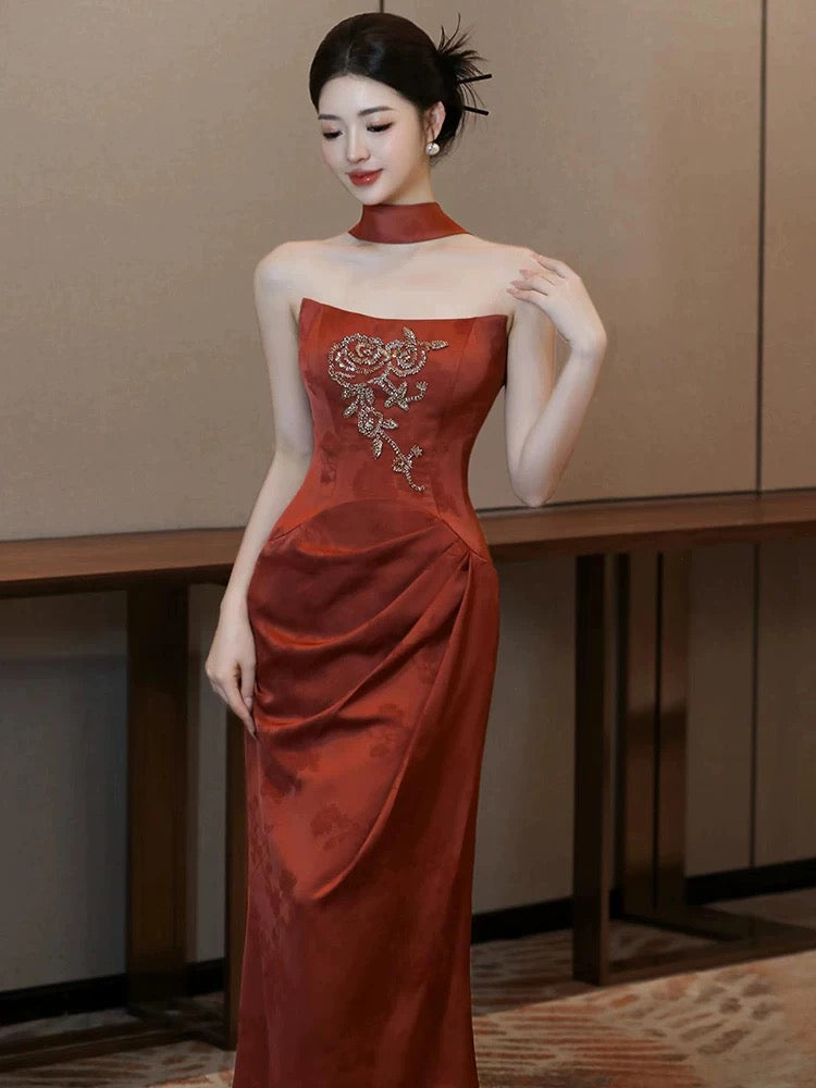 Beautiful Women's Mermaid Strapless Rust Red Maxi Dress Date Night Outfits Semi Formal Prom Dresses RB5213