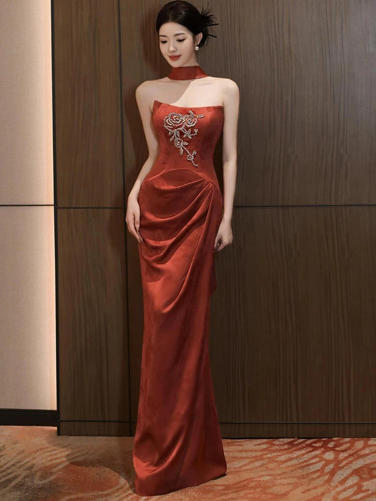 Beautiful Women's Mermaid Strapless Rust Red Maxi Dress Date Night Outfits Semi Formal Prom Dresses RB5213