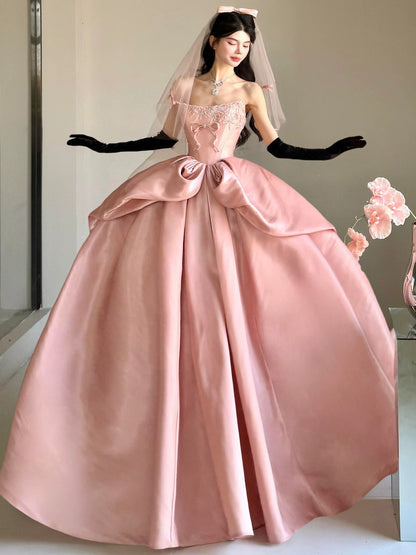 Cute Prom Dress Ball Gown Strapless Pink With Beads Floor Length Quinceanera Dresses Party Formal Outfits RB5214