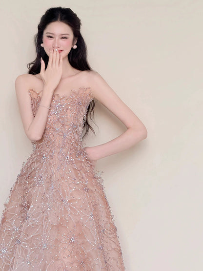 Beautiful Women's A Line Strapless Pink Lace Maxi Dress Date Night Outfits Semi Formal Prom Dresses RB5215