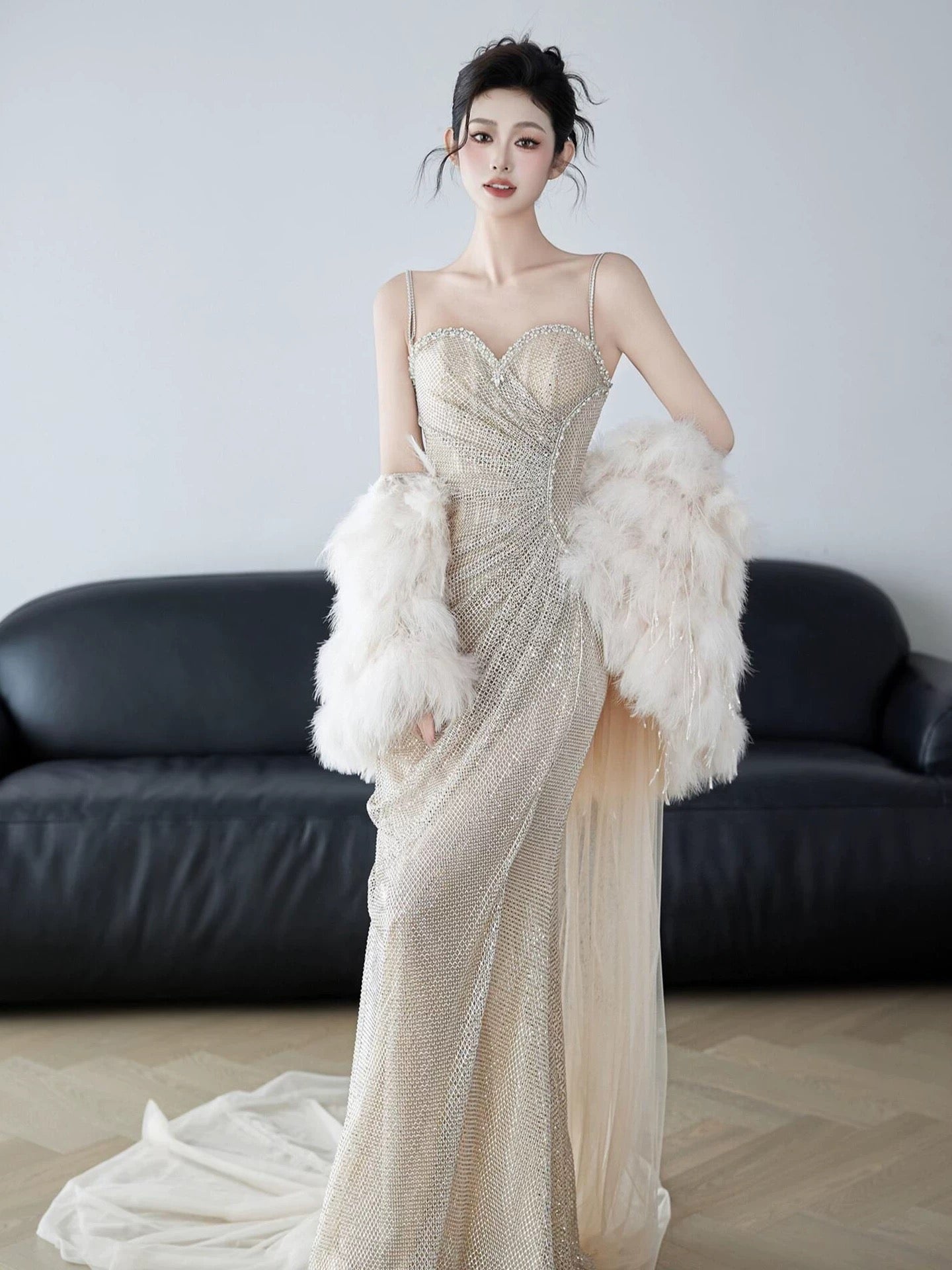 Glittery Mermaid Spaghetti Strap Champagne Sequin Evening Long Formal Party Outfits RB3743