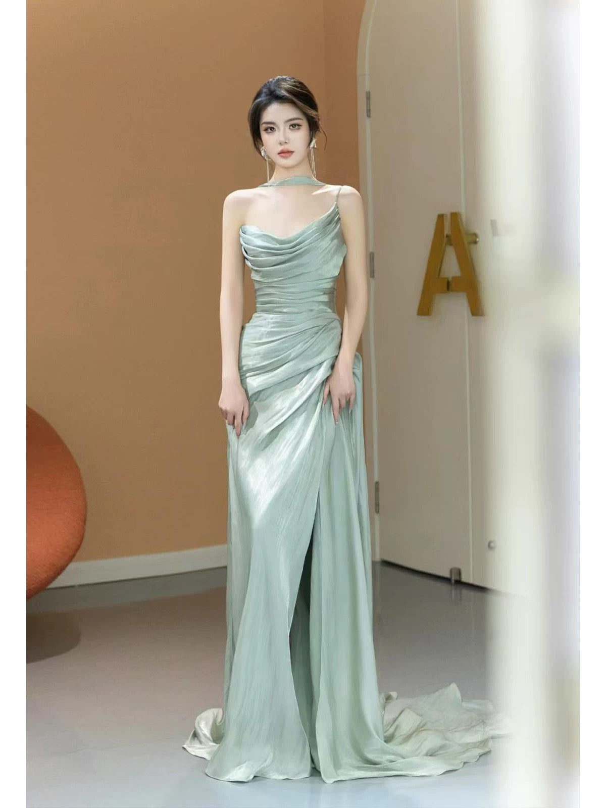 Glam Mermaid One Shoulder Mint Green Prom Dresses Evening Long Semi Formal Dress RB3745